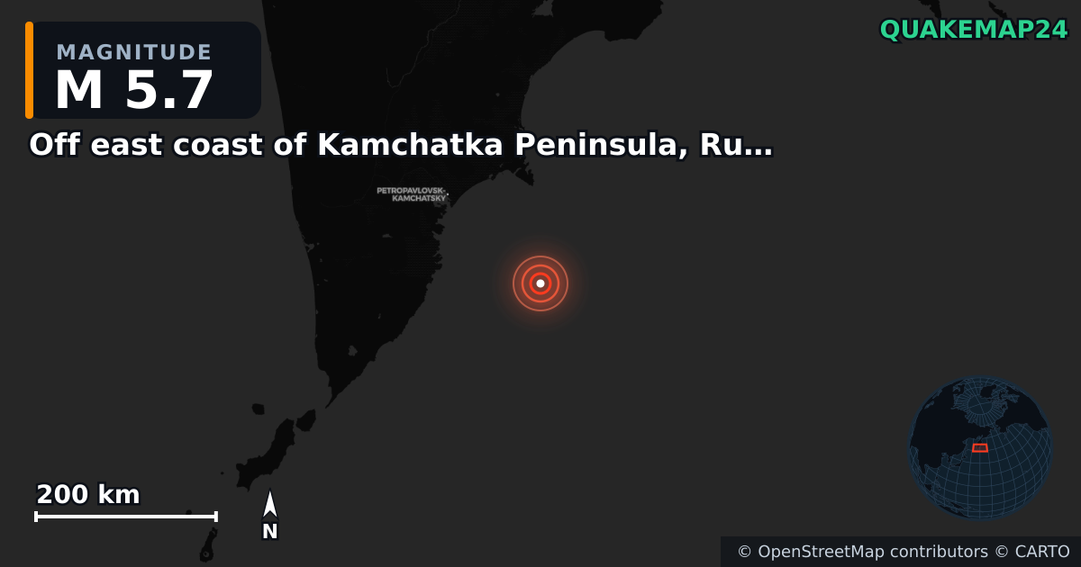 M5.7 earthquake near Off east coast of Kamchatka Peninsula, Russia [Sea: Russia] on Aug 24, 2025 — map of epicenter and shaking intensity | QuakeMap24