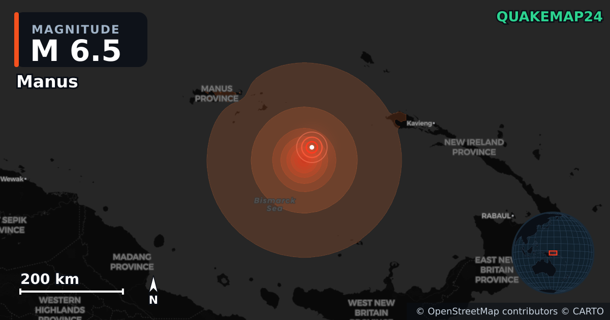 M6.5 earthquake near Manus on Jul 13, 2026 — map of epicenter and shaking intensity | QuakeMap24