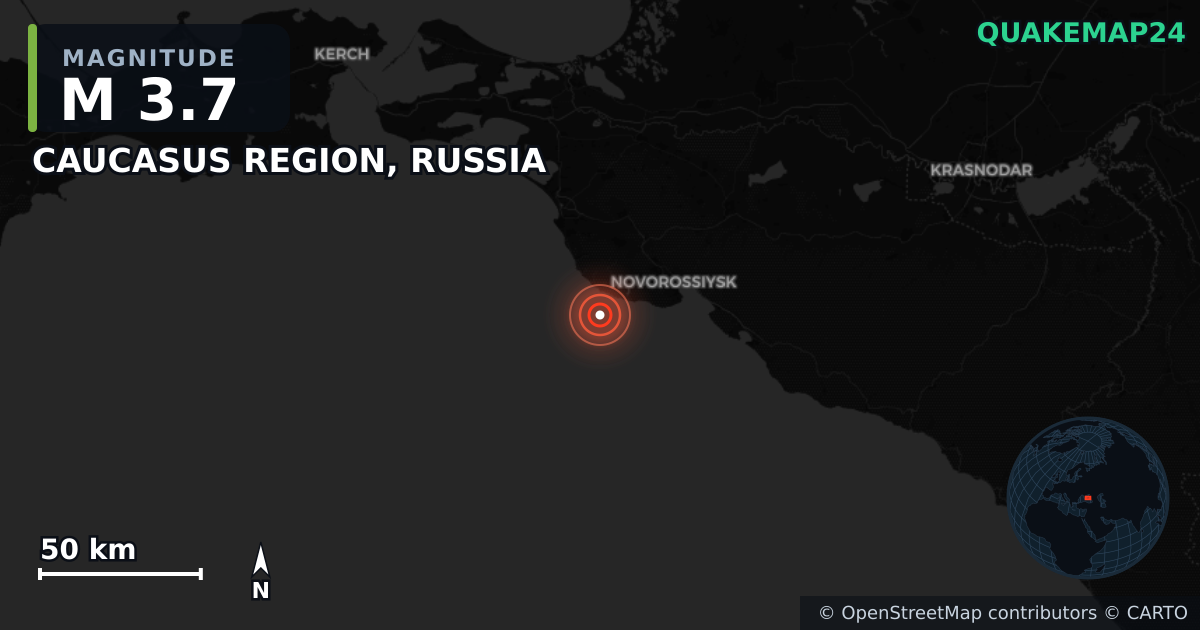 M3.7 earthquake near CAUCASUS REGION, RUSSIA on Apr 5, 2026 — map of epicenter and shaking intensity | QuakeMap24