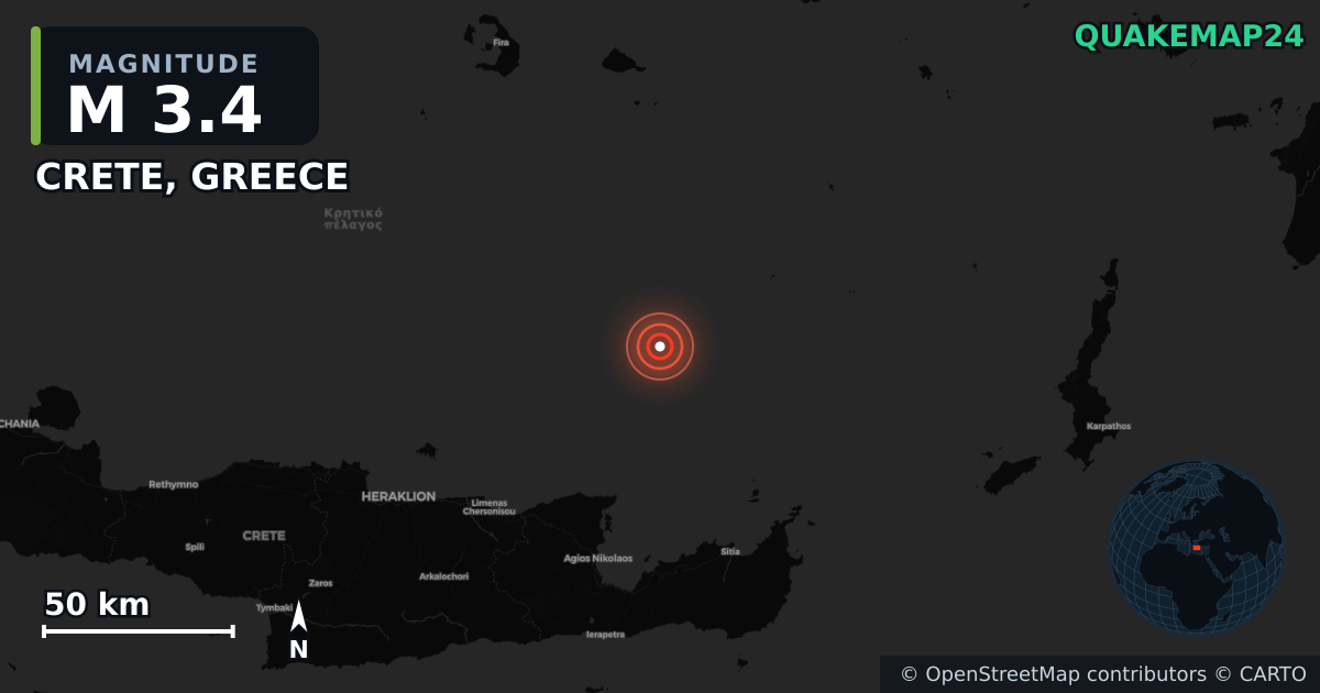 M3.4 earthquake near CRETE, GREECE on May 22, 2025 — map of epicenter and shaking intensity | QuakeMap24