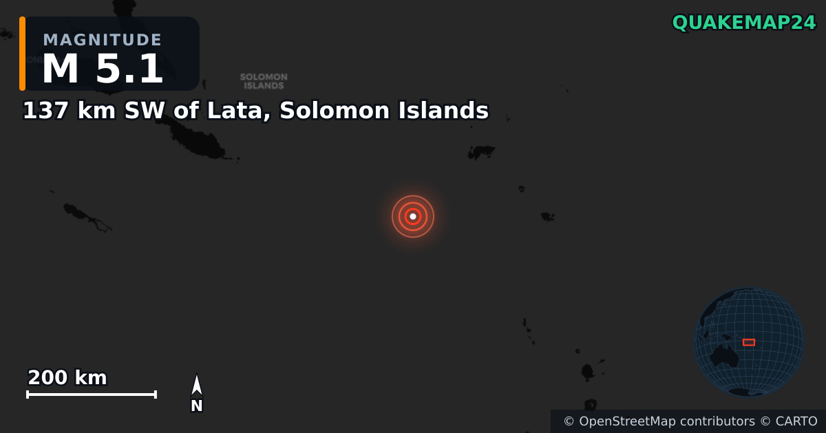 M5.1 earthquake near 137 km SW of Lata, Solomon Islands on Apr 7, 2025 — map of epicenter and shaking intensity | QuakeMap24
