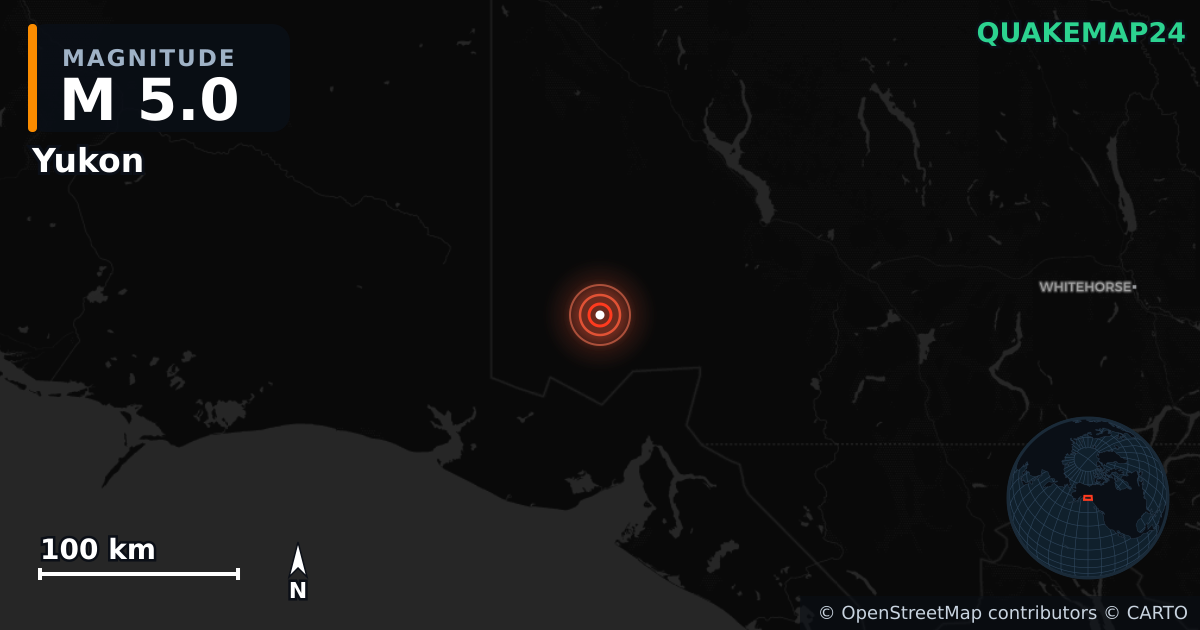 M5.0 earthquake near Yukon on Dec 7, 2025 — map of epicenter and shaking intensity | QuakeMap24