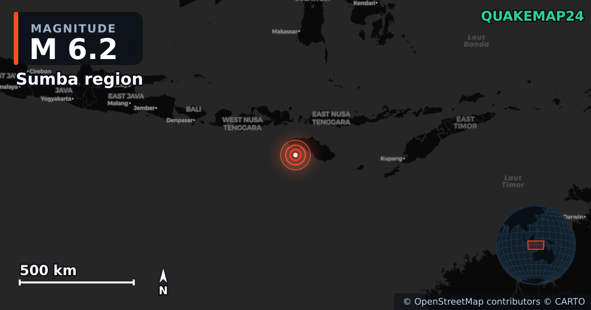 M6.2 earthquake near Sumba region on May 5, 2026 — map of epicenter and shaking intensity | QuakeMap24
