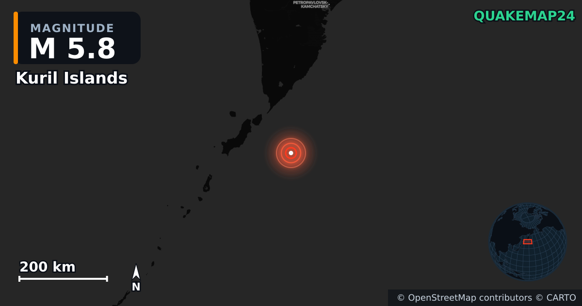 M5.8 earthquake near Kuril Islands on Jun 7, 2026 — map of epicenter and shaking intensity | QuakeMap24