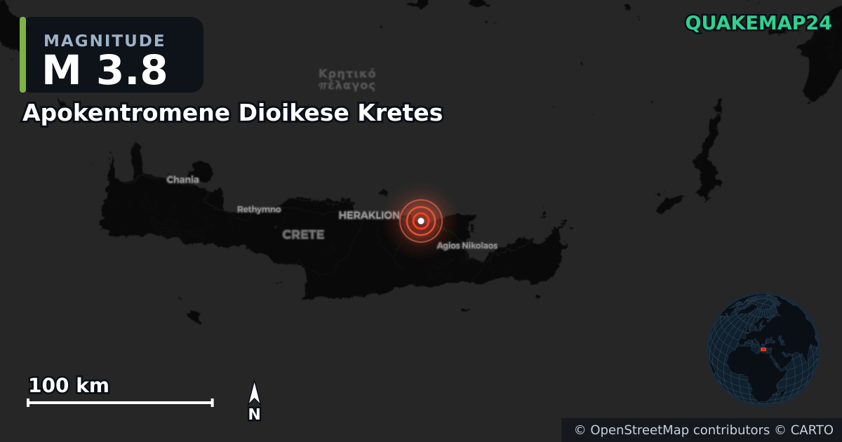 M3.8 earthquake near Apokentromene Dioikese Kretes on Oct 21, 2025 — map of epicenter and shaking intensity | QuakeMap24