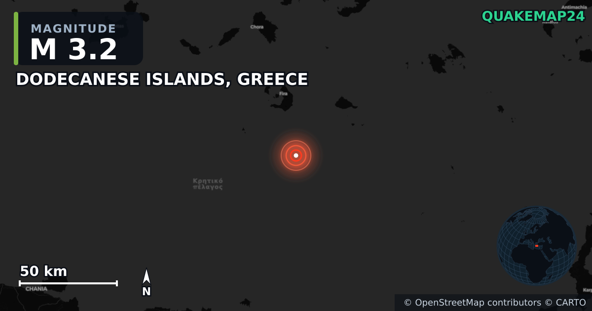M3.2 earthquake near DODECANESE ISLANDS, GREECE on May 2, 2025 — map of epicenter and shaking intensity | QuakeMap24