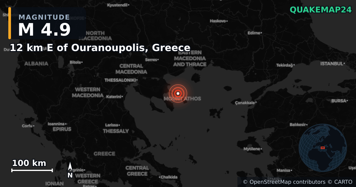 M4.9 earthquake near 12 km E of Ouranoupolis, Greece on Feb 15, 2025 — map of epicenter and shaking intensity | QuakeMap24