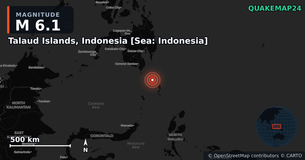 M6.1 earthquake near Talaud Islands, Indonesia [Sea: Indonesia] on Apr 4, 2026 — map of epicenter and shaking intensity | QuakeMap24