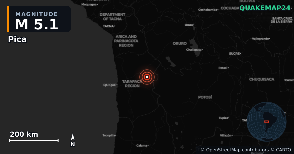 M5.1 earthquake near Pica on Sep 15, 2025 — map of epicenter and shaking intensity | QuakeMap24