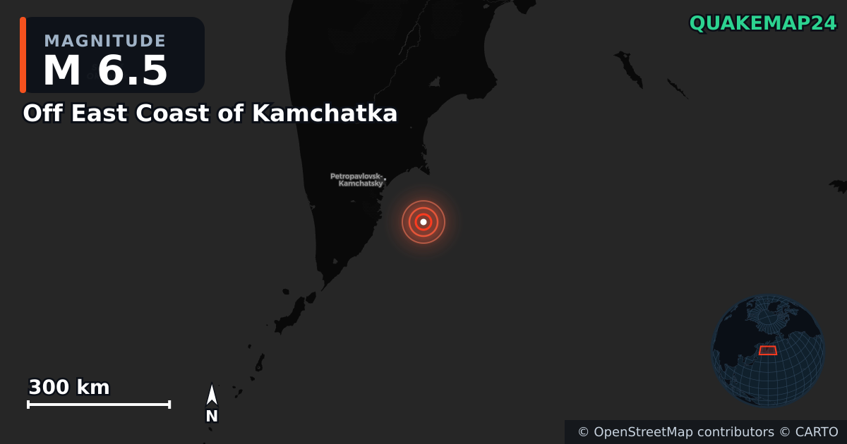 M6.5 earthquake near Off East Coast of Kamchatka on Jul 30, 2025 — map of epicenter and shaking intensity | QuakeMap24