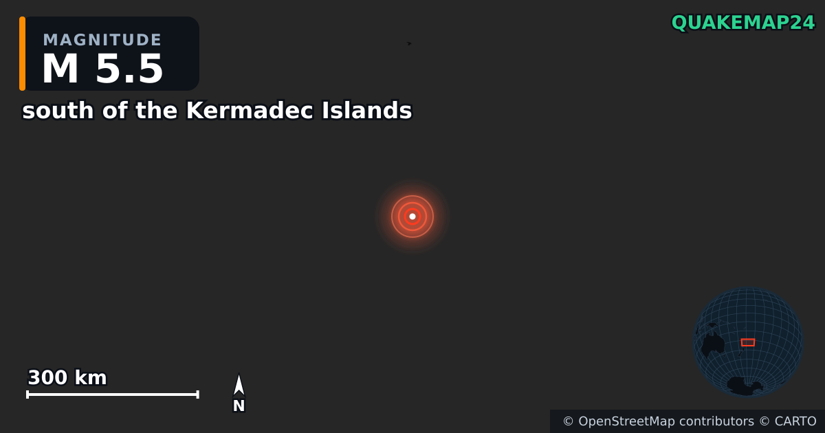 M5.5 earthquake near south of the Kermadec Islands on Apr 5, 2026 — map of epicenter and shaking intensity | QuakeMap24