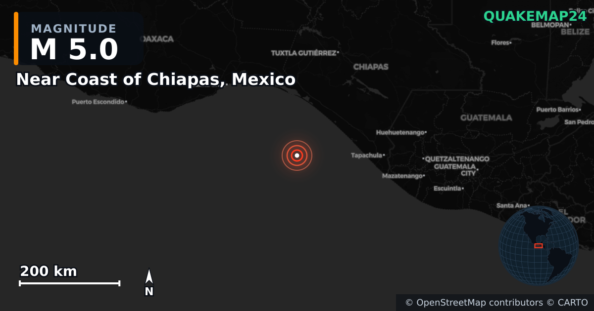 M5.0 earthquake near Near Coast of Chiapas, Mexico on Jul 19, 2025 — map of epicenter and shaking intensity | QuakeMap24