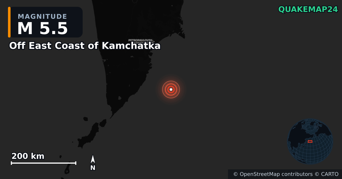 M5.5 earthquake near Off East Coast of Kamchatka on Jul 30, 2025 — map of epicenter and shaking intensity | QuakeMap24