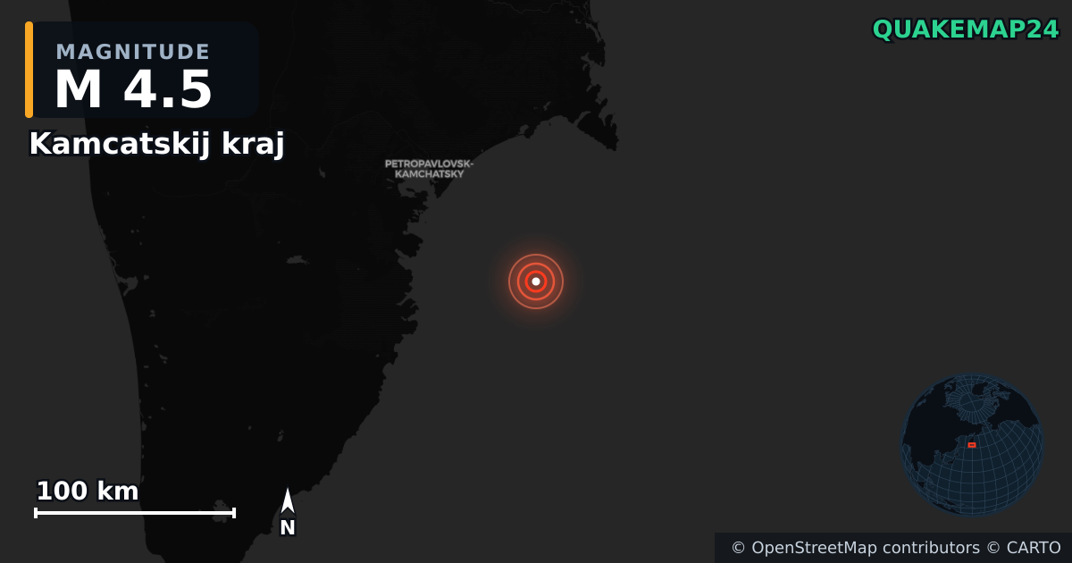 M4.5 earthquake near Kamcatskij kraj on Aug 10, 2025 — map of epicenter and shaking intensity | QuakeMap24