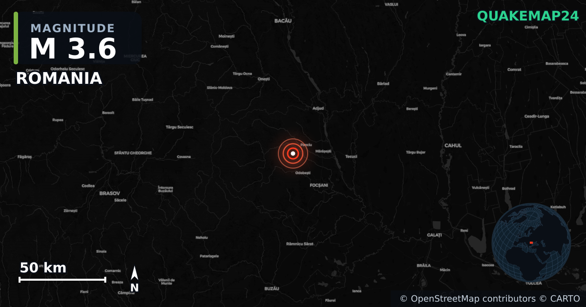 M3.6 earthquake near ROMANIA on Jul 15, 2025 — map of epicenter and shaking intensity | QuakeMap24