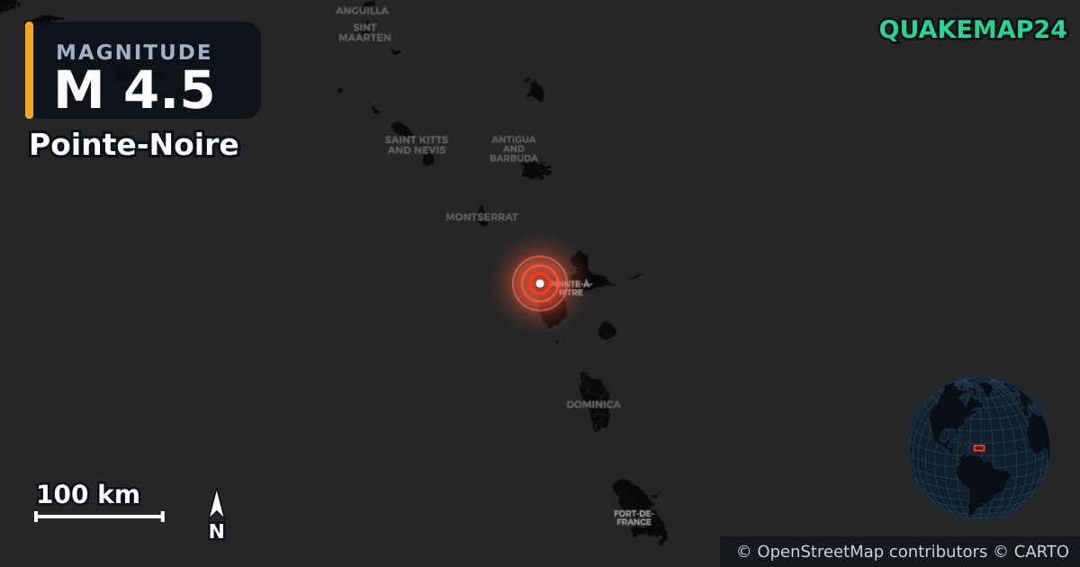 M4.5 earthquake near Pointe-Noire on Jan 20, 2026 — map of epicenter and shaking intensity | QuakeMap24