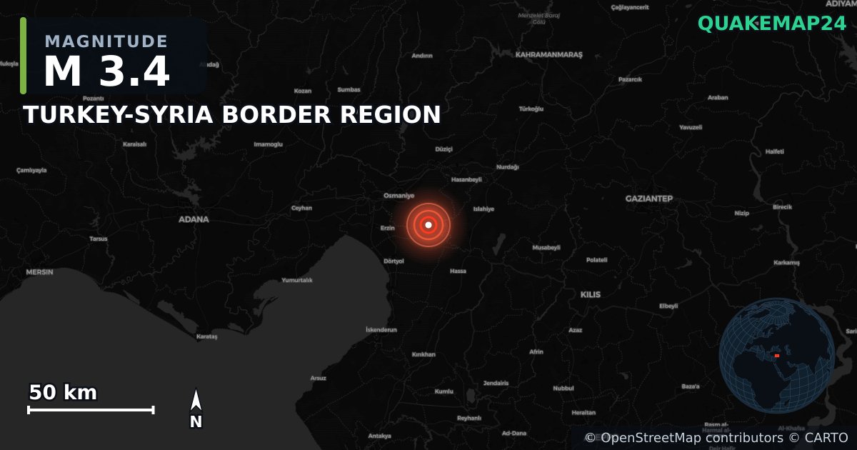M3.4 earthquake near TURKEY-SYRIA BORDER REGION on Jul 14, 2025 — map of epicenter and shaking intensity | QuakeMap24