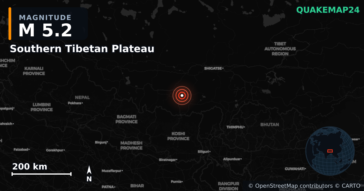 M5.2 earthquake near Southern Tibetan Plateau on Jan 7, 2025 — map of epicenter and shaking intensity | QuakeMap24