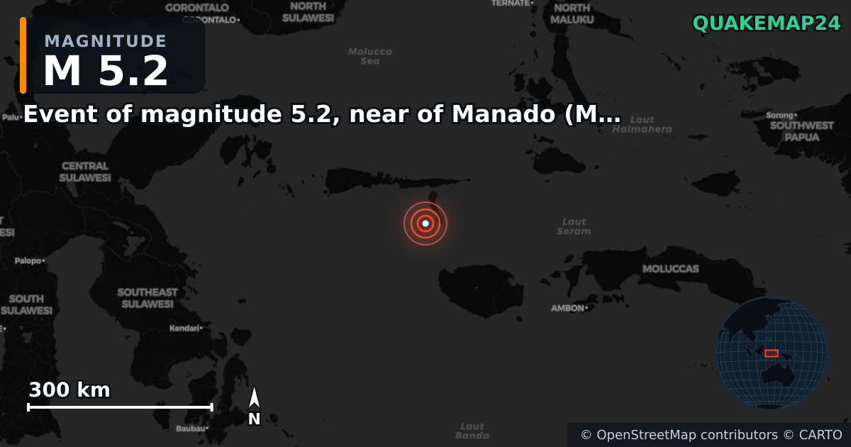 Erdbeben M5,2 bei Event of magnitude 5.2, near of Manado (Monde) — Karte der Lage des Epizentrums