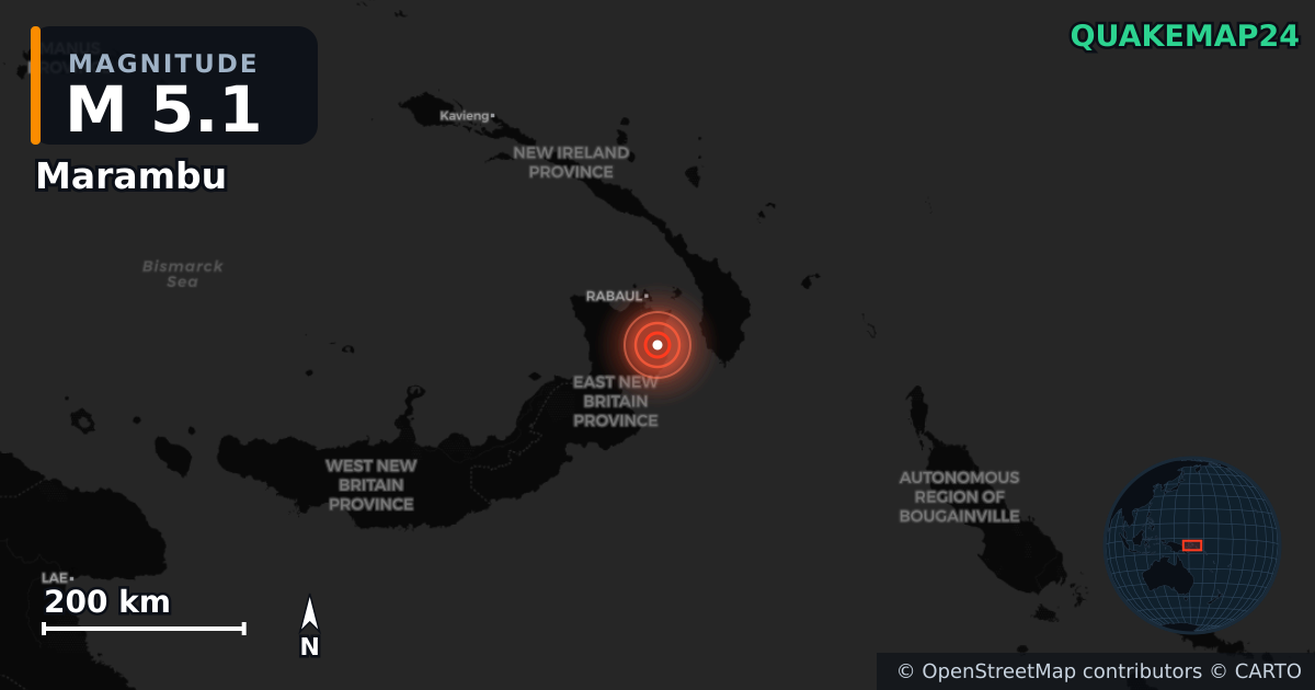 Erdbeben M5,1 bei Marambu, East New Britain (Papua-Neuguinea) · 2026-09-24 — Karte der Lage des Epizentrums