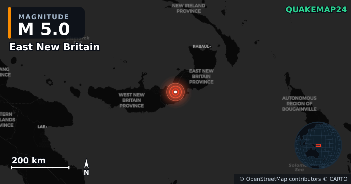 M5.0 earthquake near East New Britain on Aug 27, 2025 — map of epicenter and shaking intensity | QuakeMap24