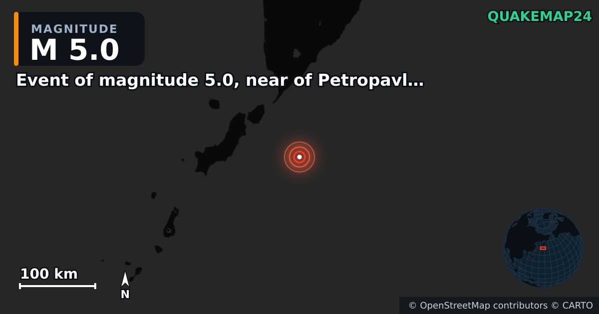 M5.0 earthquake near Event of magnitude 5.0, near of Petropavlovsk Kamchatskiy (Monde) on Aug 30, 2025 — map of epicenter and shaking intensity | QuakeMap24