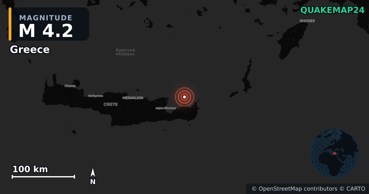 M4.2 earthquake near Greece on Apr 14, 2026 — map of epicenter and shaking intensity | QuakeMap24