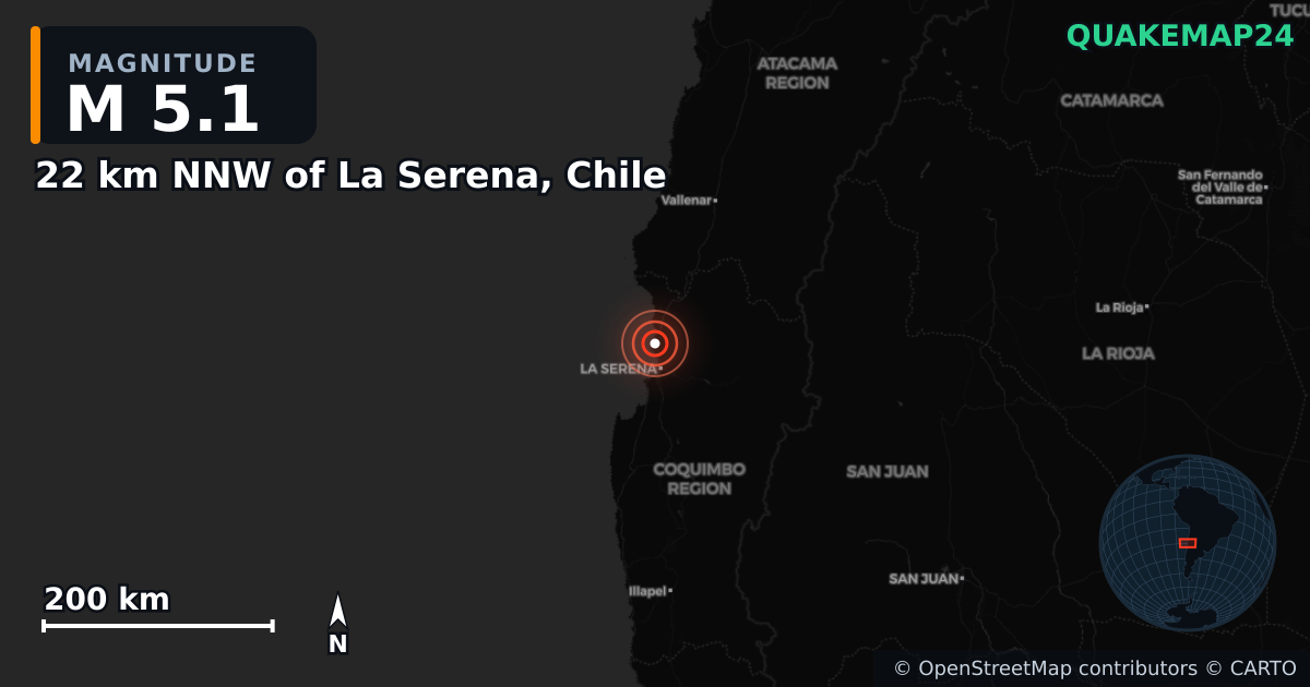 M5.1 earthquake near 22 km NNW of La Serena, Chile on Mar 24, 2025 — map of epicenter and shaking intensity | QuakeMap24