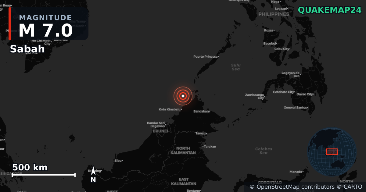 M7.0 earthquake near Sabah on Feb 22, 2026 — map of epicenter and shaking intensity | QuakeMap24
