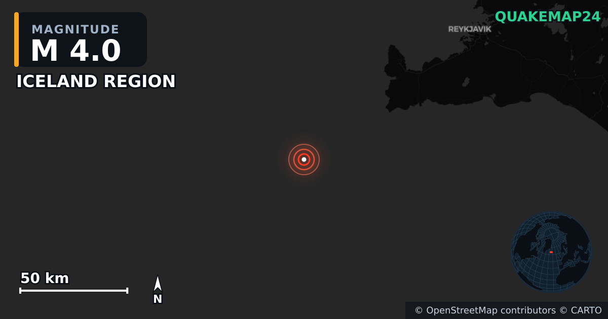 M4.0 earthquake near ICELAND REGION on Sep 12, 2025 — map of epicenter and shaking intensity | QuakeMap24