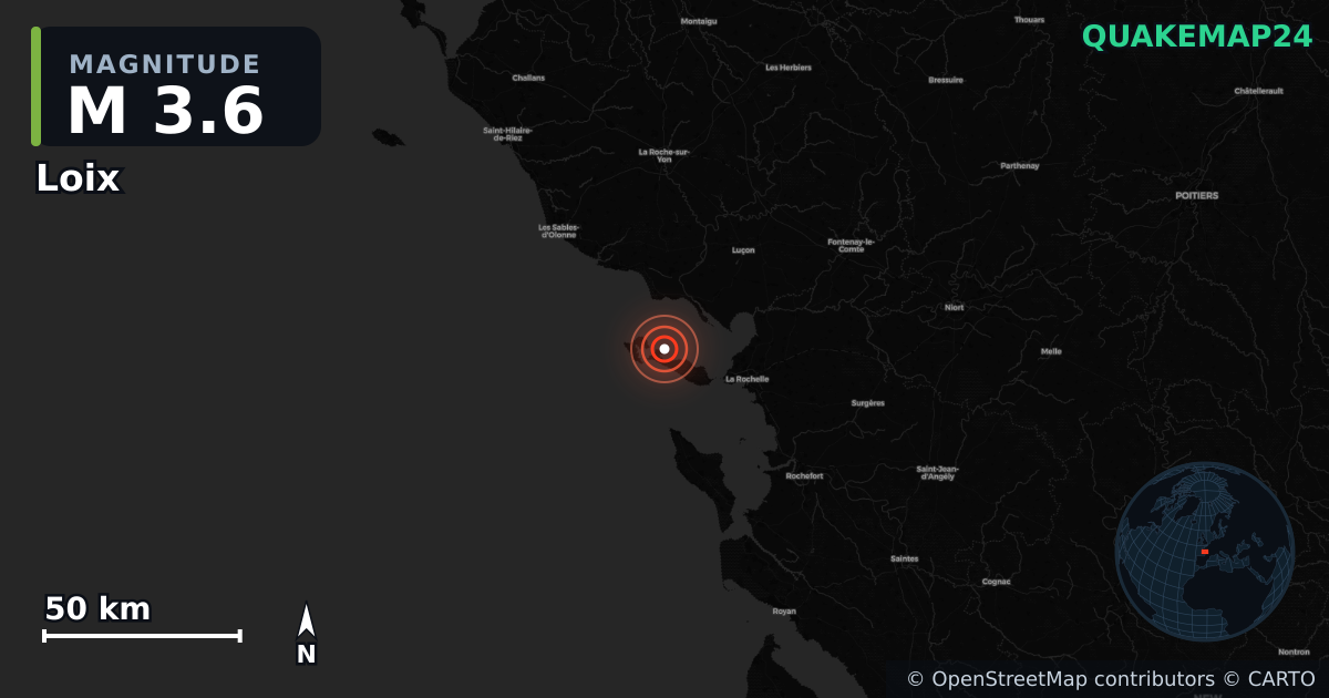 M3.6 Earthquake near Loix, Nouvelle-Aquitaine (France) · 2026-09-17 — Map showing the location of the epicenter