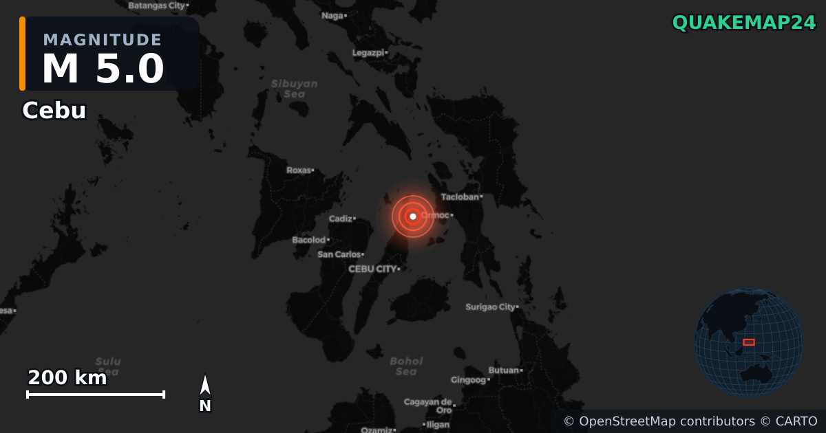 M5.0 earthquake near Cebu on Sep 30, 2025 — map of epicenter and shaking intensity | QuakeMap24