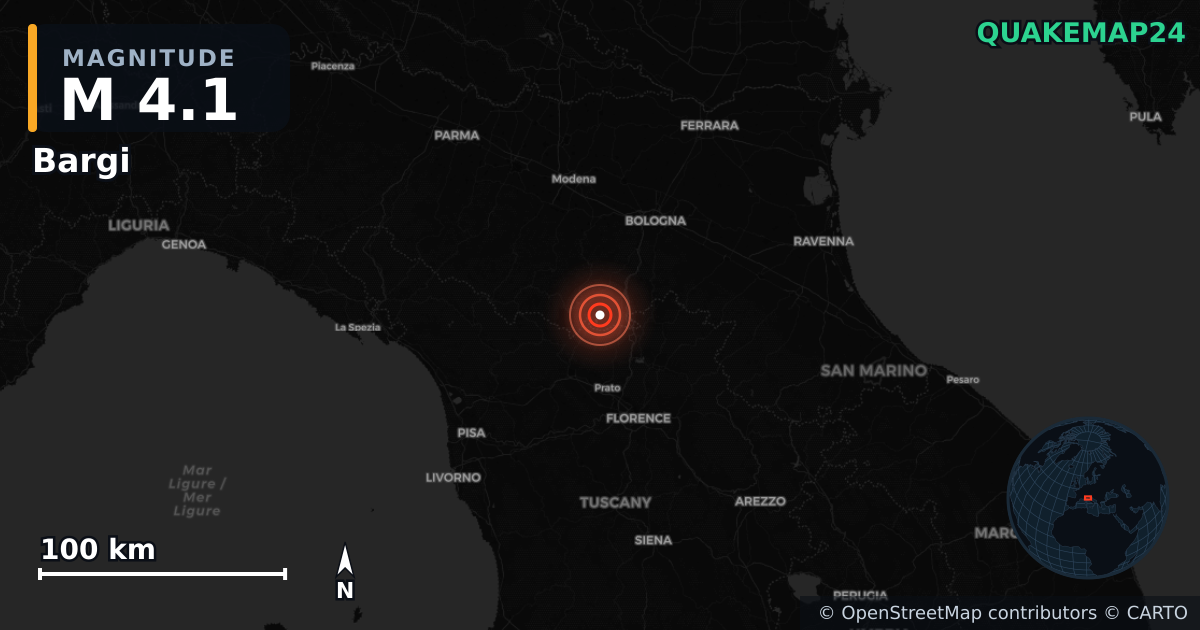 M4.1 earthquake near Bargi on Mar 26, 2026 — map of epicenter and shaking intensity | QuakeMap24