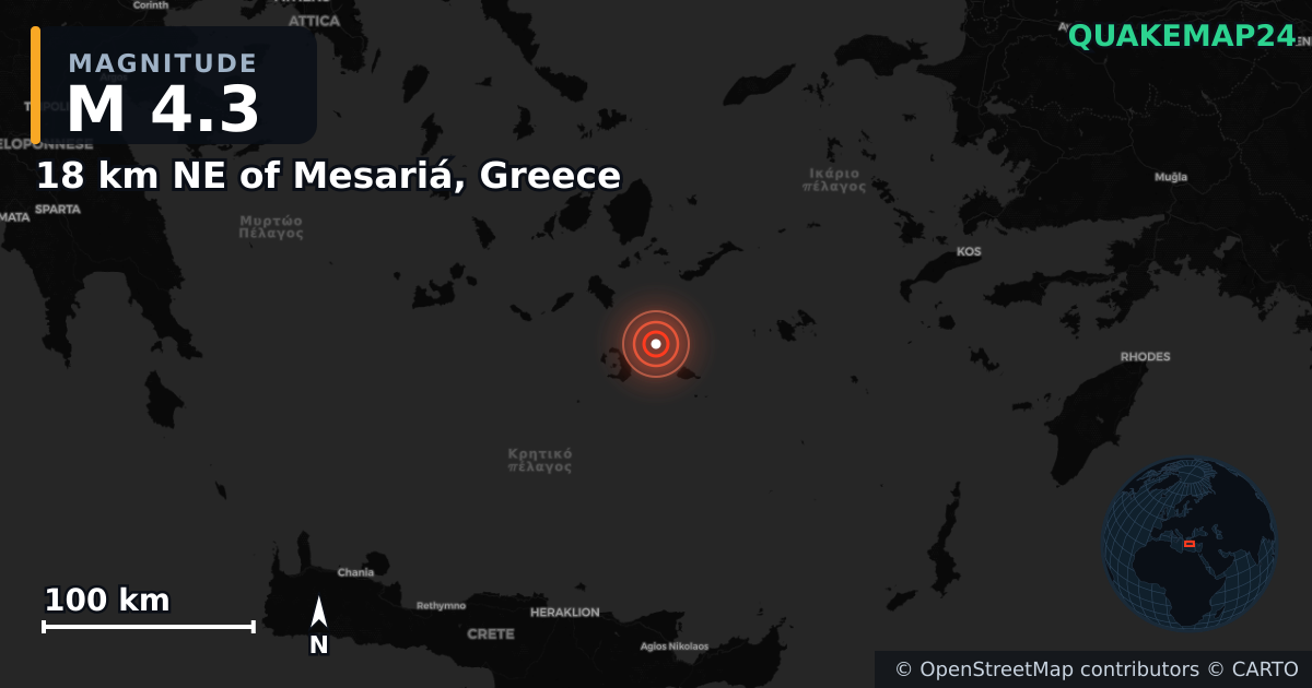 18 km NE of Mesariá, Greece yakınında M4,3 deprem · 2025-02-12 — Deprem merkez üssünün konumunu gösteren harita
