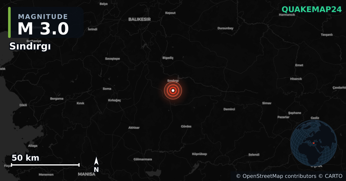 M3.0 earthquake near Sındırgı on Sep 7, 2025 — map of epicenter and shaking intensity | QuakeMap24