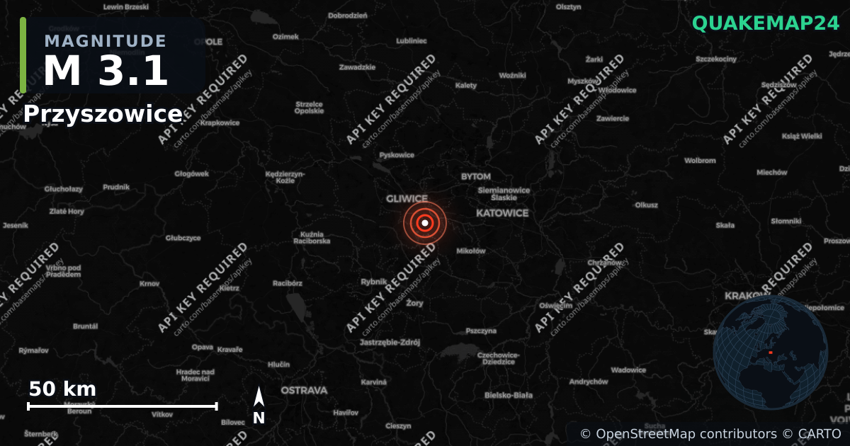 M3.1 earthquake near Przyszowice on Jun 2, 2026 — map of epicenter and shaking intensity | QuakeMap24