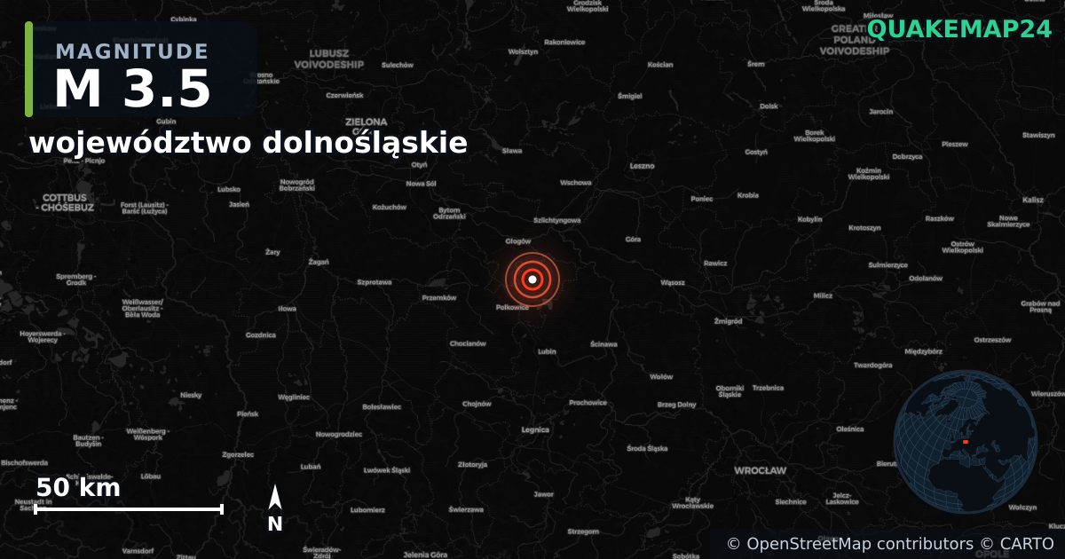 M3.5 earthquake near województwo dolnośląskie on Jun 3, 2025 — map of epicenter and shaking intensity | QuakeMap24