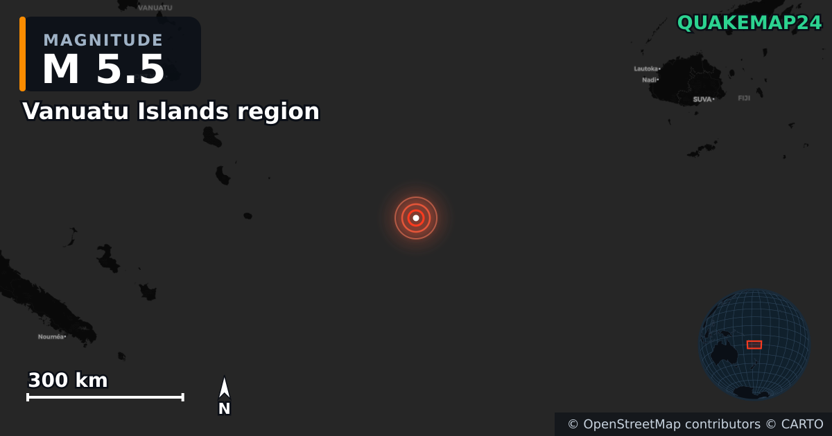 Erdbeben M5,5 bei Vanuatu Islands region — Karte der Lage des Epizentrums