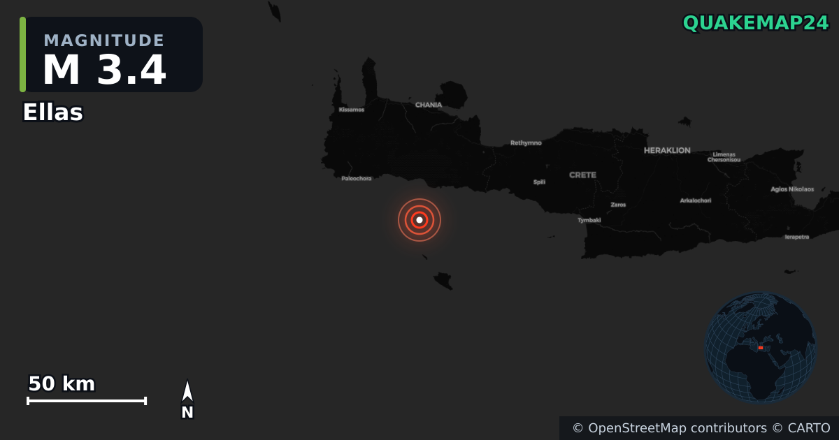 M3.4 earthquake near Ellas on Jan 27, 2026 — map of epicenter and shaking intensity | QuakeMap24
