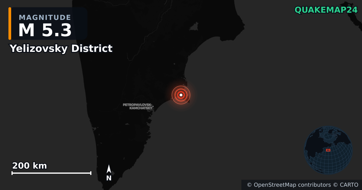 M5.3 earthquake near Yelizovsky District on Sep 15, 2025 — map of epicenter and shaking intensity | QuakeMap24