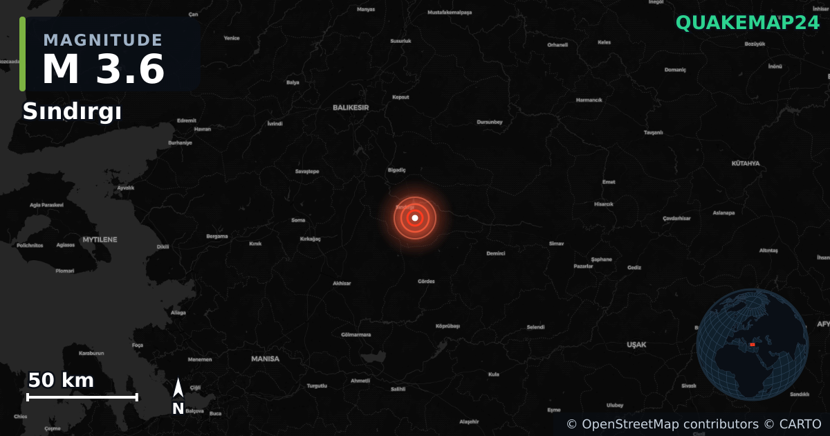 M3.6 earthquake near Sındırgı on Sep 1, 2025 — map of epicenter and shaking intensity | QuakeMap24