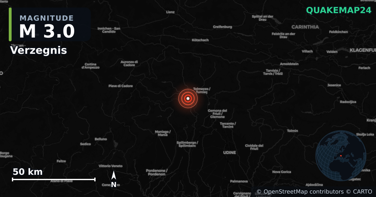 M3.0 earthquake near Verzegnis on Apr 17, 2026 — map of epicenter and shaking intensity | QuakeMap24