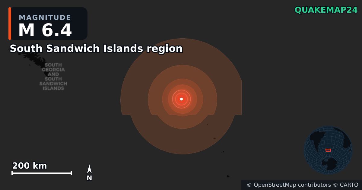 M6.4 earthquake near South Sandwich Islands region on Jul 11, 2026 — map of epicenter and shaking intensity | QuakeMap24