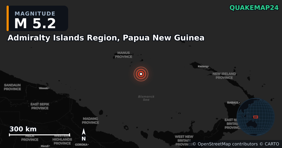 M5.2 earthquake near Admiralty Islands Region, Papua New Guinea on May 9, 2026 — map of epicenter and shaking intensity | QuakeMap24