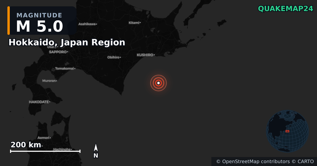 M5.0 earthquake near Hokkaido, Japan Region on Jun 23, 2025 — map of epicenter and shaking intensity | QuakeMap24