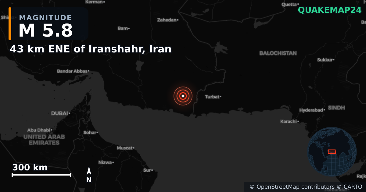 M5.8 earthquake near 43 km ENE of Iranshahr, Iran on Mar 3, 2025 — map of epicenter and shaking intensity | QuakeMap24