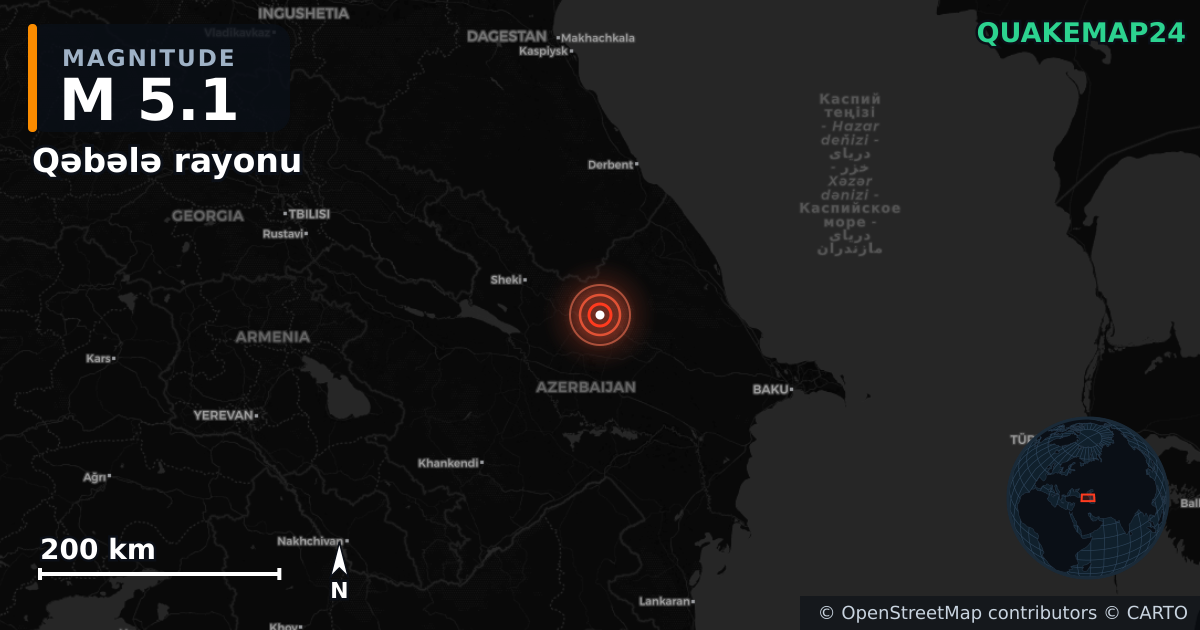 M5.1 earthquake near Qəbələ rayonu on Jun 12, 2026 — map of epicenter and shaking intensity | QuakeMap24