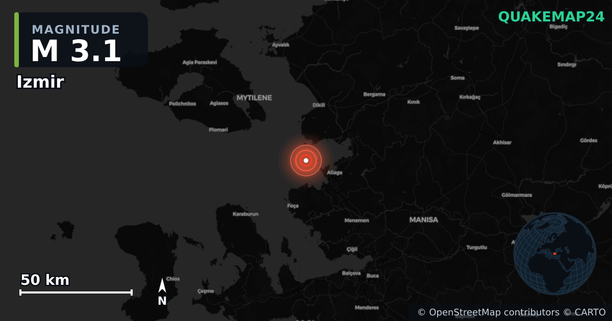 Sismo de M3,1 perto de Izmir (Turquia) · 2026-06-14 — Mapa da localização do epicentro
