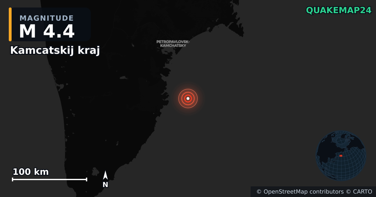 M4.4 earthquake near Kamcatskij kraj on Aug 9, 2025 — map of epicenter and shaking intensity | QuakeMap24