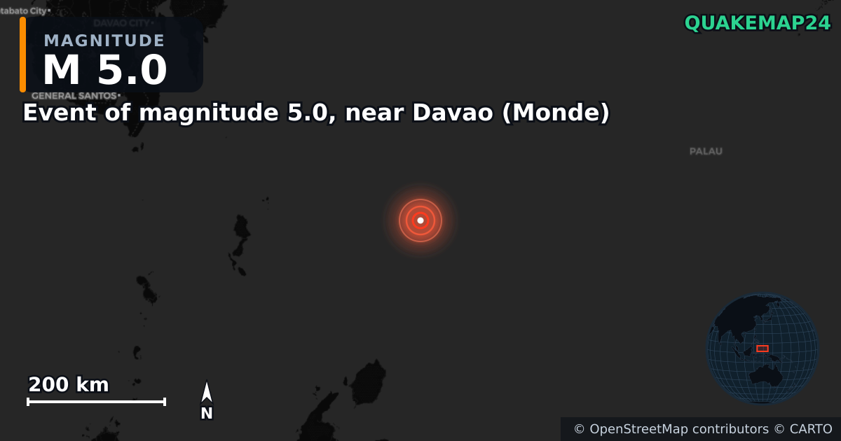 M5.0 Earthquake near Event of magnitude 5.0, near Davao (Monde) · 2026-07-12 — Map showing the location of the epicenter